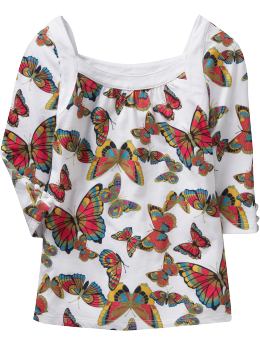 Girls: Girls 3/4 Sleeve Banded Scoop Neck Tees - Butterfly