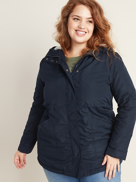 View large product image 1 of 1. Water-Resistant Plus-Size Hooded Sherpa-Lined Parka