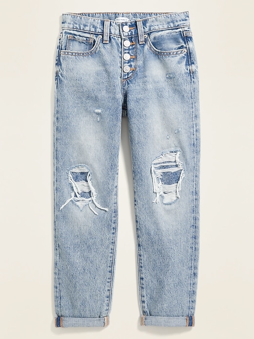 View large product image 2 of 3. High-Waisted Built-In Tough Distressed Boyfriend Button-Fly Jeans for Girls