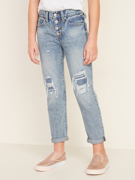 View large product image 1 of 3. High-Waisted Built-In Tough Distressed Boyfriend Button-Fly Jeans for Girls