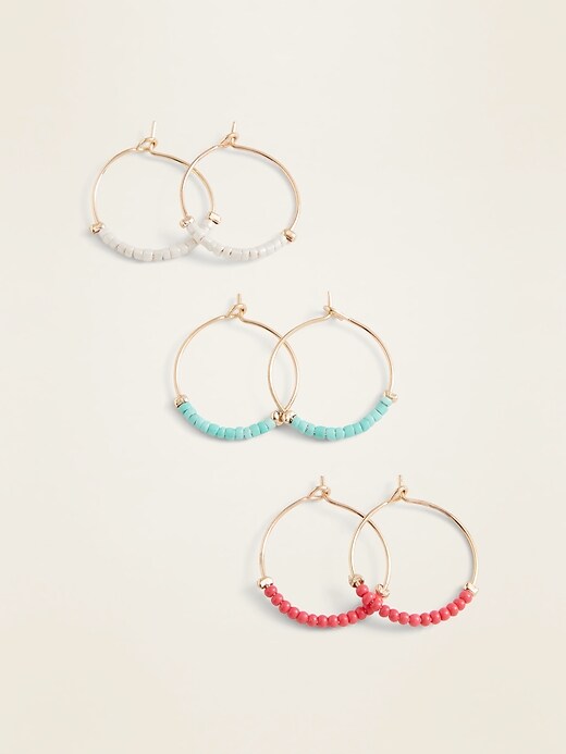 View large product image 1 of 1. Seed-Bead Hoop Earrings 3-Pack for Women