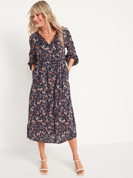 Image number 1 showing, Puff-Sleeved Floral-Print Midi Poet Swing Dress for Women