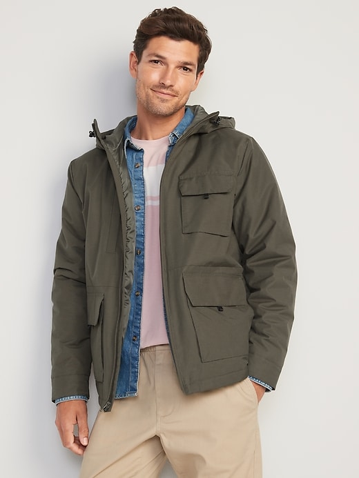 View large product image 1 of 1. Water-Resistant Hooded Utility-Pocket Jacket