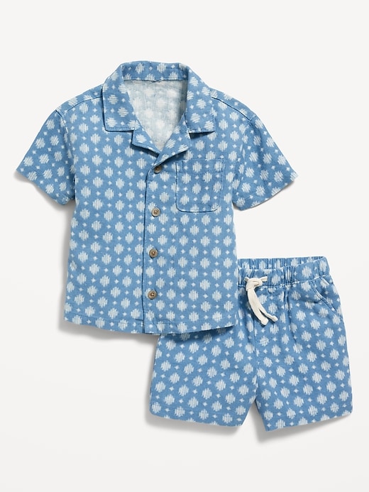 View large product image 1 of 3. Matching Short-Sleeve Printed Linen-Blend Shirt & Shorts Set for Baby