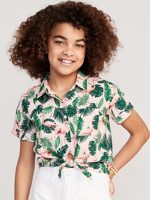 View large product image 1 of 4. Matching Short-Sleeve Cropped Linen-Blend Tie-Front Top for Girls