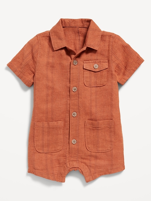 View large product image 1 of 2. Short-Sleeve Textured-Dobby Linen-Blend Utility Romper for Baby