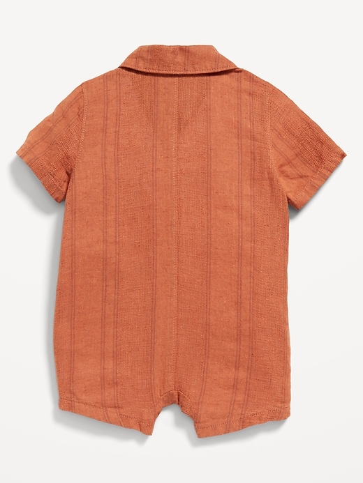 View large product image 2 of 2. Short-Sleeve Textured-Dobby Linen-Blend Utility Romper for Baby
