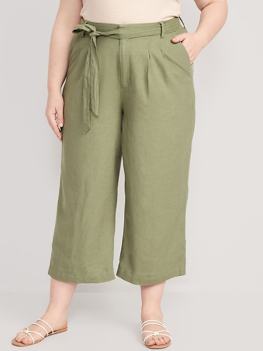Image number 7 showing, High-Waisted Linen-Blend Cropped Wide-Leg Pants