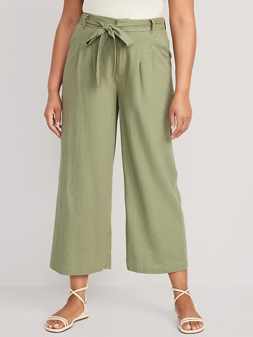 Image number 5 showing, High-Waisted Linen-Blend Cropped Wide-Leg Pants