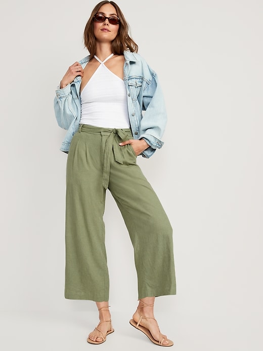 Image number 3 showing, High-Waisted Linen-Blend Cropped Wide-Leg Pants